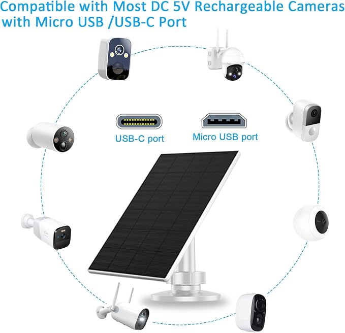 2W Solar Panel for Security Camera Outdoor, USB/USB-C Charger with IP65 Waterproof, 360° Adjustable Mount & 7.2ft Cable, Compatible with Rechargeable Battery Cameras (2 Pack, White) - Image 6
