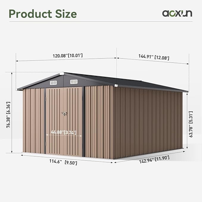 Aoxun 10' x12 ' Outdoor Metal Storage Shed with Galvanized Steel Base, Heavy-Duty Garden Tool Shed for Patio, Lawn, and Garden, Brown - Image 2