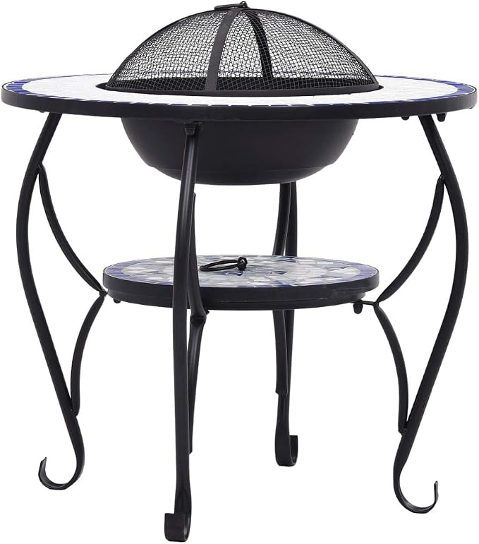 Mosaic Fire Pit Table, Outdoor Patio Wood Burning Fireplace, 26.8" Ceramic Top with Grill, Poker, and Safety Lid for Backyard Heating - Image 5