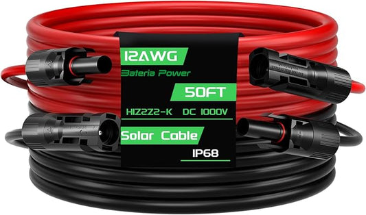 50FT 12AWG Solar Panel Extension Cable, Bateria Power 12 Gauge PV Wire with Female & Male Waterproof Connectors for RV, Photovoltaic Systems, Set of 2 by BateriaPower