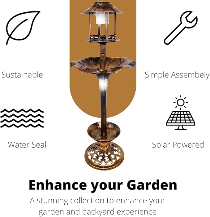 BTEXPERT Outdoor Solar Garden Bird Bath Vintage Lighted Pedestal Fountain Flower Birdbath Planter Accents Decoration Yard Statue Feeder, Decorative Cage, Fillable Stand Polyresin
