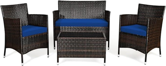 HAPPYGRILL 4 Pieces Patio Sofa Set Rattan Wicker Furniture Patio Conversation Set with Cushioned Sofa and Coffee Table for Outdoor Backyard Garden Poolside