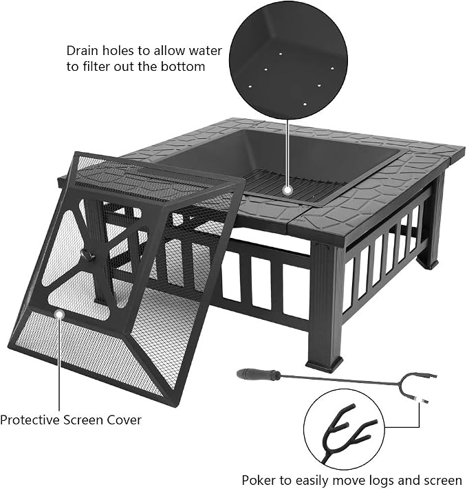 32in Outdoor Metal Firepit Square Table Backyard Patio Garden Stove Wood Burning Fire Pit with Spark Screen, Log Poker and Cover - Image 6