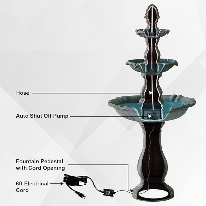XBrand 51" 3-Tier Outdoor Freestanding Waterfall Fountain with Pump and Pineapple Finial, Gray