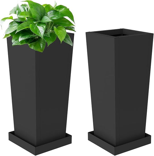 24 inch Metal Tall Planters Set of 2, Durable Taper Planter with Drainage Holes & Insert Shelves & Trays for Outdoor Indoor Garden Patio Front Door
