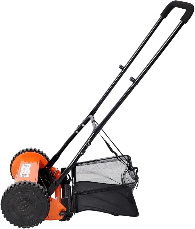 14-Inch 5-Blade Push Reel Lawn Mower with Grass Catcher, Adjustable Height 0.6-1.8 Inch, Manual Hand Push Mower with Heat-Treated Alloy Steel Blades, Gas-Free Grass Cutter, Orange - Image 5