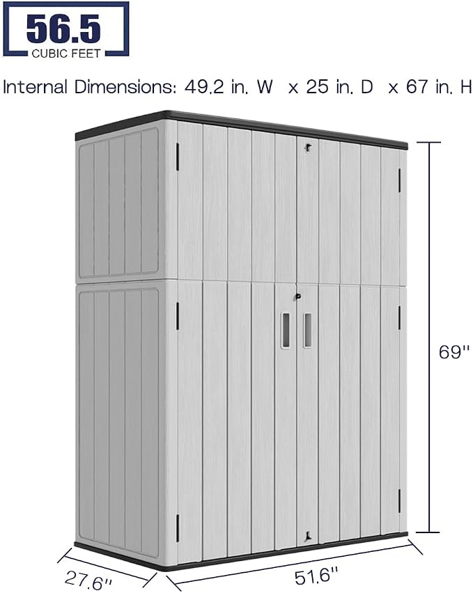 KINYING Outdoor Vertical Storage Shed,57 Cu.ft Outdoor Storage Cabinet Waterproof,Resin Sheds & Outdoor Storage for Garden,Patio,Backyard,Lockable (Grey Color) - Image 3