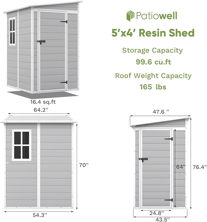 Patiowell 5x4 FT Outdoor Storage Shed with Floor, Resin Outside Storage Shed with Floor & Lockable & Window Door for Patio Furniture, Garden Tools and Bicycle, Light Gray - Image 3