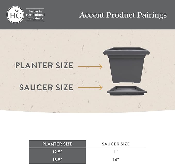 The HC Companies 12.5 Inch Accent Square Plant Pots with Drainage, Lightweight UV-Resistant Plastic Planters for Indoor & Outdoor Plants, 2-Pack Flower Pots for Garden, Office & Home Decor, Evergreen
