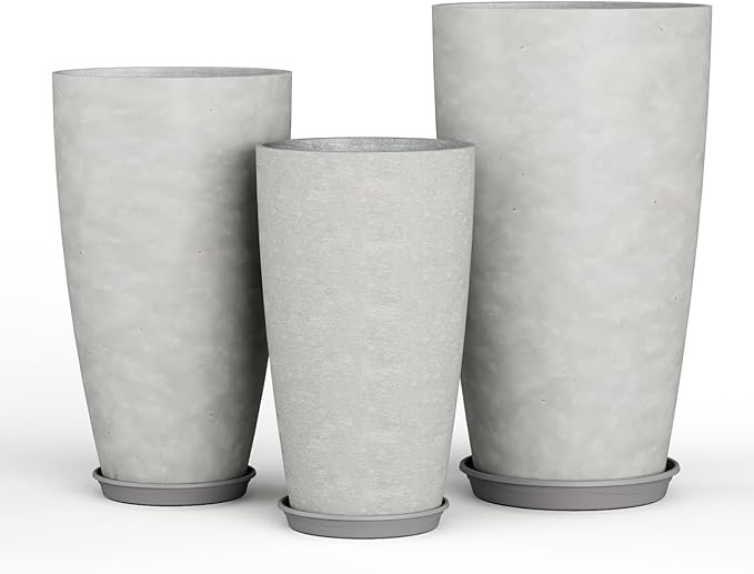 QCQHDU 24, 21, 18 inch Tall Planters for Outdoor Plants, with Drainage Hole & Saucer, Set of 3 Tall Outdoor Planter for Indoor & Outdoor Plants, Modern Home Decor