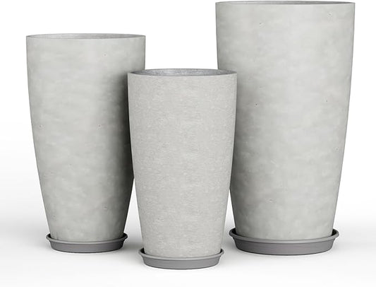 QCQHDU 24, 21, 18 inch Tall Planters for Outdoor Plants, with Drainage Hole & Saucer, Set of 3 Tall Outdoor Planter for Indoor & Outdoor Plants, Modern Home Decor
