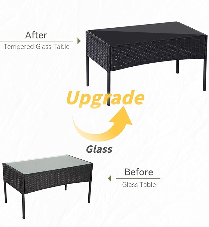 Patio Furniture Set 4 Pieces, Outdoor Rattan Furniture with Tempered Glass Coffee Table, Modern Rattan Patio Chairs Conversation Sets with Sofa for Garden, Terrace, Porch, Lawns