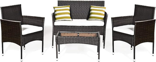 Tangkula 4 PCS Patio Outdoor Conversation Set with Glass Coffee Table, Loveseat & 2 Cushioned Chairs, Garden Lawn Rattan Wicker Patio Chat Set, Outdoor Furniture Set (Brown)