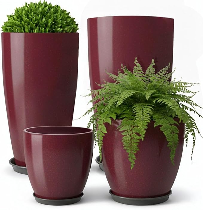 ZMTECH 24 21 12 10 Inch Tall Plant Pots for Indoor & Outdoor Use Set of 4, Large Plastic Planters with Drainage Hole and Saucer for Outside,Front Porch, Patio, Garden, Wine Red