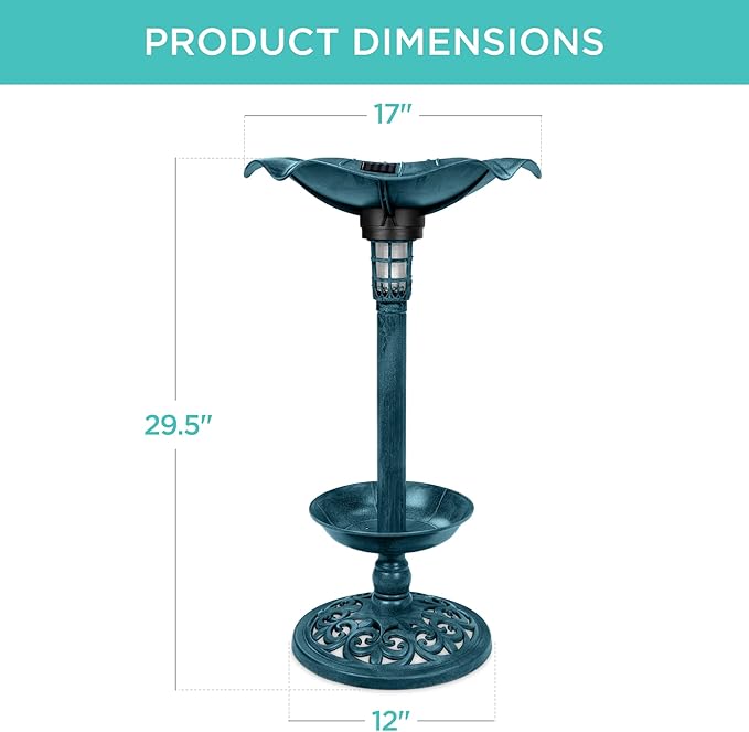 Best Choice Products Outdoor Solar Lighted Pedestal Bird Bath Fountain Decoration w/Planter, Integrated Panel, Scroll Accents for Lawn, Garden - Peacock Blue