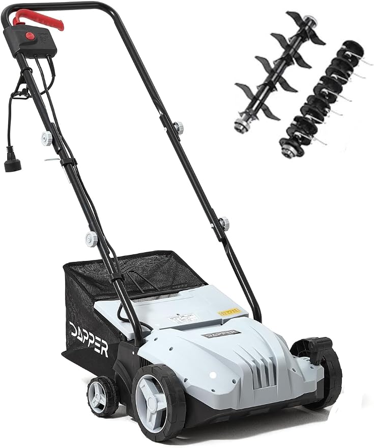 13-Inch 2-in-1 Electric Dethatcher and Scarifier Lawn Dethatcher with 8-Gallon Removable Thatch Collection Bag, 4-Position Depth Adjustment, 12 Amp, Quick-Fold, Keeps Lawn Healthy by DapperSupply