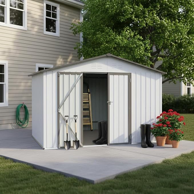 Ball & Cast 10x12 FT Sheds & Outdoor Storage,Metal Aluminum Garden Shed,with Punched Vents,Waterproof Cabinet w/Hinged Door and Padlock,Tool House for Storing Bicycles,Lawnmowers,Barbeques,White+Grey - Image 5