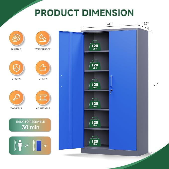 Letaya Metal Garage Storage Cabinets with Lock Door and Adjustable Shelves, Steel Tool Cabinets for Home,Office,Warehouse Organisieren (Blue Gray) - Image 4