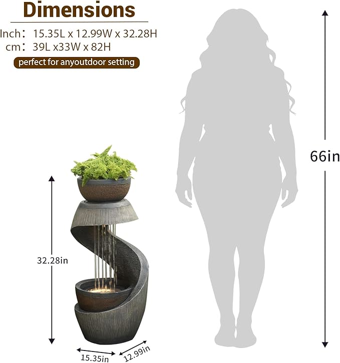 31.9" Outdoor Water Fountain with Lights, Modern S-Shaped Waterfall Fountain Garden with Bowl, Resin Outside Water Feature for Garden Patio Yard Deck Balcony, Indoor Outdoor Water Fountains