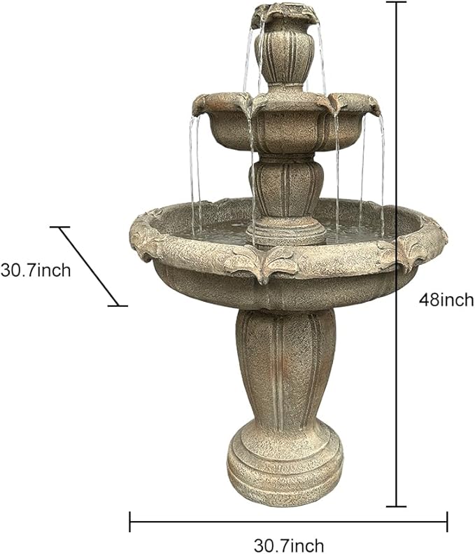 SunJet 48” High Modern Concrete Outdoor Water Fountain - 3 Tiered Large Floor Water Fountain and Waterfalls with Electric Pump for Garden, Patio, Yard, and Deck Decor, Featuring Natural Stone Look