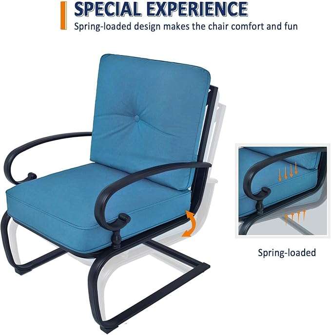 SOLAURA 5-Piece Patio Furniture Conversation Sets with Wrought Iron Loveseat and Spring Chairs（Peacock Blue）