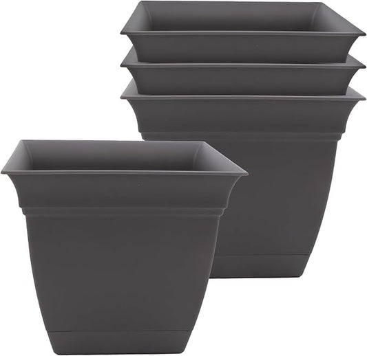 The HC Companies 8 Inch Eclipse Square Planter Pots with Drainage Holes & Attached Saucer, Lightweight UV-Resistant Plastic Indoor Outdoor Planters, 4-Pack Flower Pots for Garden Home Decor, Warm Gray