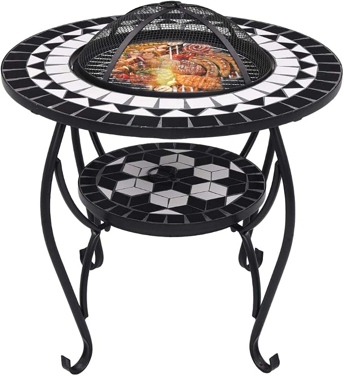 Mosaic Fire Pit Table, Outdoor Patio Wood Burning Fireplace, 26.8" Black and White Ceramic Grill Stand for Backyard - Image 3