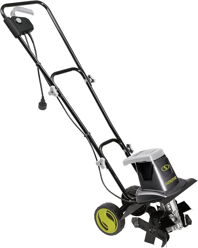 Sun Joe Electric Garden Tiller and Cultivator with 3 Position Height Adjustment Maximum 12-inch Cultivating Width and 8 Amp Motor, TJ602E by SunJoe