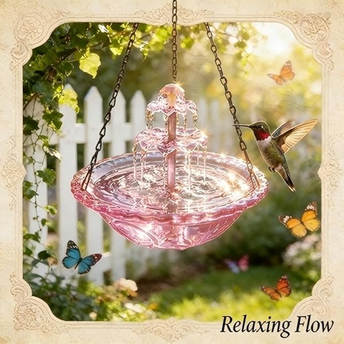 Hanging Solar Bird Bath Fountain 3 Layers,Solar Cascade Hanging Bird Bath Fountain,Hummingbird Water Fountain Solar with Solar Water Pump,Suitable for Gardens,Backyards,Patios,and Lawns. (Pink)