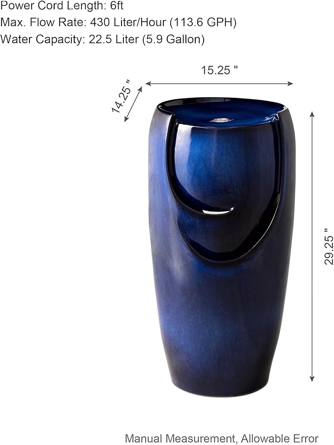 Glitzhome 29.25" H Tall Outdoor Ceramic Jar Water Fountain with LED Light and Submersible Pump Vase Floor Freestanding Water Fountain for Patio Garden Yard Art Decor, Cobalt Blue