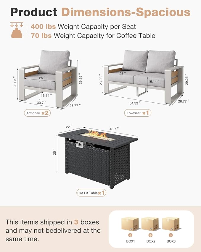 Aoxun Aluminum Patio Furniture Set with Fire Pit Table, 4 Piece Luxury Outdoor Sectional with 6" Olefin Fabric Cushions, Patio Conversation Sets with Waterproof Cover for Backyard, Porch Grey