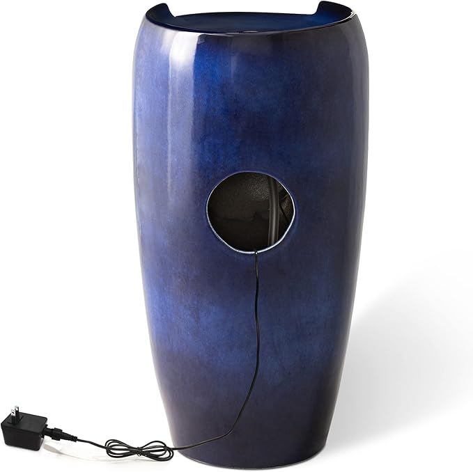 Glitzhome Outdoor Water Fountain with LED Light, Oversized Ceramic Vase Water Fountains Outdoor, Tall Water Feature Backyard Fountain for Garden Patio, Cobalt Blue, 29.3”H