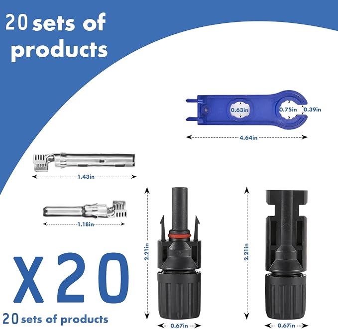 40 PCS Solar Connectors, Male/Female Waterproof IP67, MC4 1000V 30A, (20Pairs) Solar Panel Cable Connectors with 2 Spanners(10AWG) - Image 2