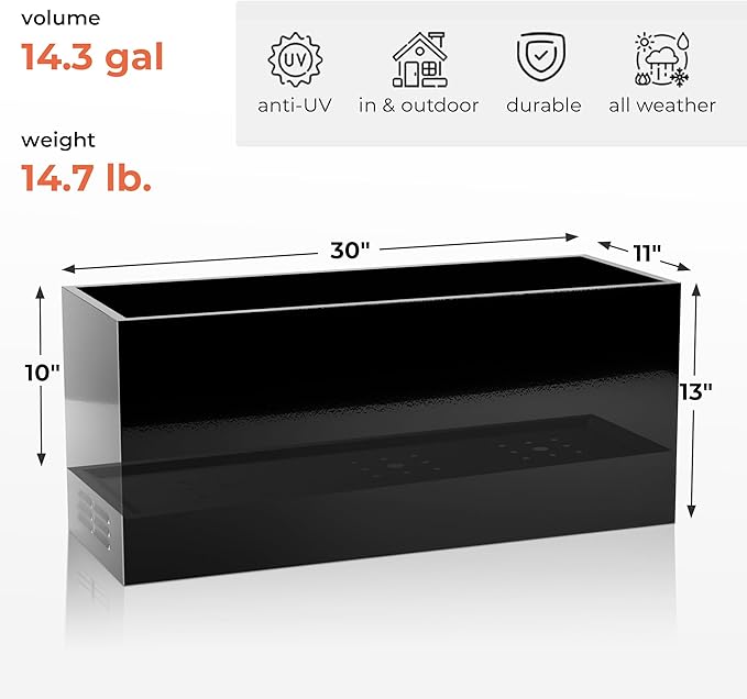 Worth Metal Planter Box with Insert Plate & Drain Holes, Indoor or Outdoor Use, No Assembly Required, 30" x 11" x 13", 14.3 Gallons, Glossy Black
