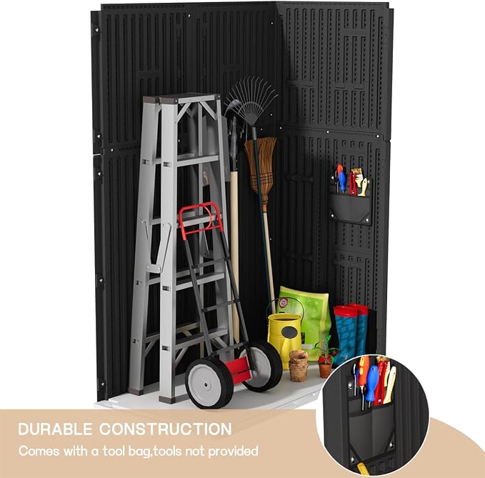 KINYING Outdoor Storage Cabinet Waterproof, 57 Cu.ft Resin Vertical Outdoor Storage Shed for Patio Furniture, Garden Tools, Pool Accessories, Mower Storage (Black) - Image 8