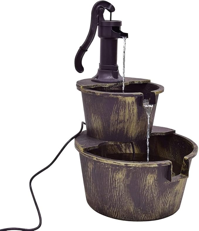 Squareful 2-Tier Outdoor Water Fountain, Rustic Patio Decor w/Hand Pump, Pump Barrel Fountain for Garden, Backyard, Patio