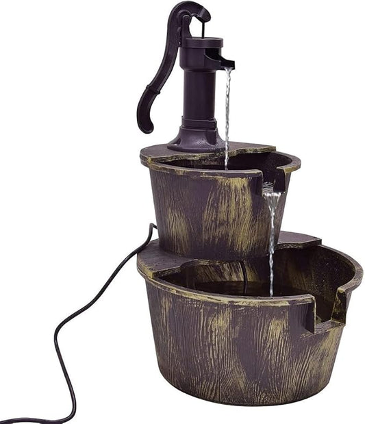 Squareful 2-Tier Outdoor Water Fountain, Rustic Patio Decor w/Hand Pump, Pump Barrel Fountain for Garden, Backyard, Patio