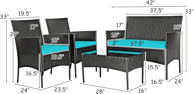 8 Pieces Patio Furniture Set, Outdoor Conversation Set with Ergonomic Curved Backrest, Patio Chair Set with Water-Resistant Cushion & Tempered Glass Table for Balcony,Porch(Turquoise)