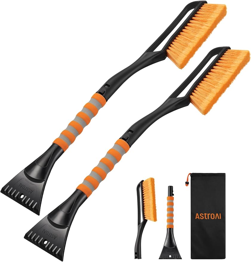 AstroAI 2 Pack 27" Snow Brush and Ice Scrapers for Car Windshield, Detachable Snow Scrapers with Ergonomic Foam Grip for Cars, Trucks, SUVs (Heavy Duty ABS, PVC Brush, Orange) by AstroAI