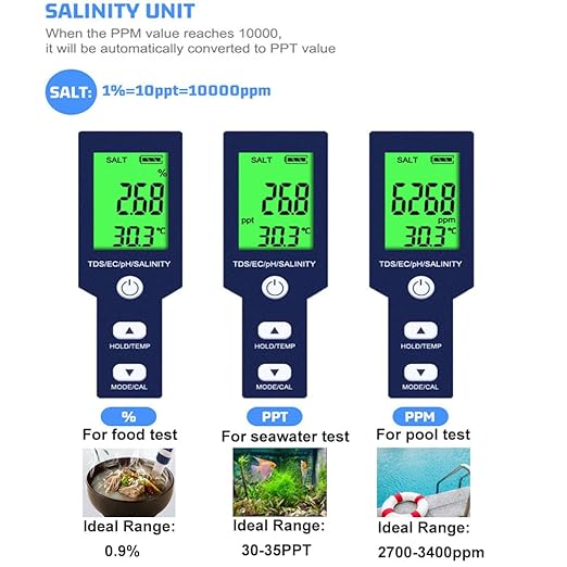 Pool Salt Tester & PH Meter, Hofun Digital Salinity Meter and PH Tester for Aquarium and Pool Saltwater Water, 5 in 1 Salinity PH Temp EC and TDS Meter, Aquarium Swimming Pool Hot Tub, High Accuracy - Image 3