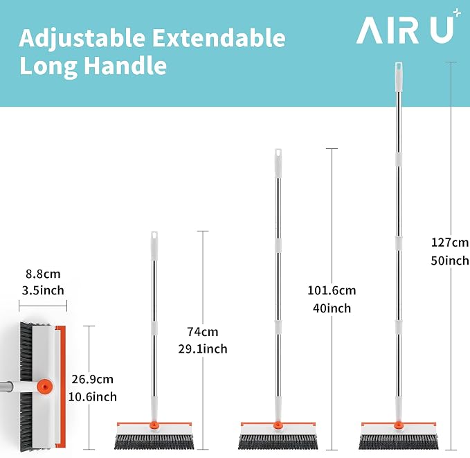 AIR U+ Floor Scrub Brush with Long Handle, 3 in 1 Scrape and Heavy-Duty Stiff Bristle Scrubber Brush for Cleaning Shower Bathroom, Patio, Pool, Garage, Kitchen, Wall and Deck, White and Orange - Image 6