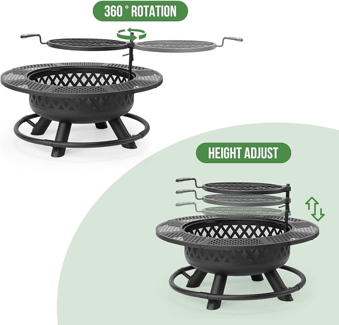 Panovue 42 Inch Outdoor Fire Pit with Grill, Large Firepit Table for Outside, Metal Round Firepits with Lid&Fire Poker,3 in 1 Wood Burning Fire Pits & Outdoor Fireplaces for Backyard,Patio(42'' Black) - Image 7