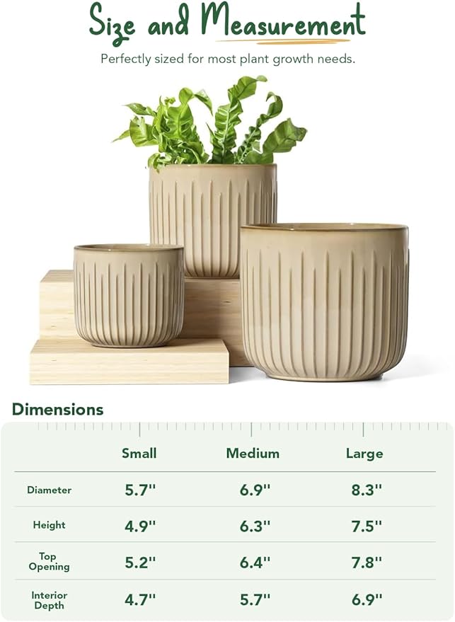 LE TAUCI Ceramic Pots for Plants, 8.3/7/6 Inch Indoor Planters with Drainage Holes & Mesh, Modern Glossy Glaze Cylinder Fluted Plant Pot for Snake Plant, Set of 3, Sand Beige