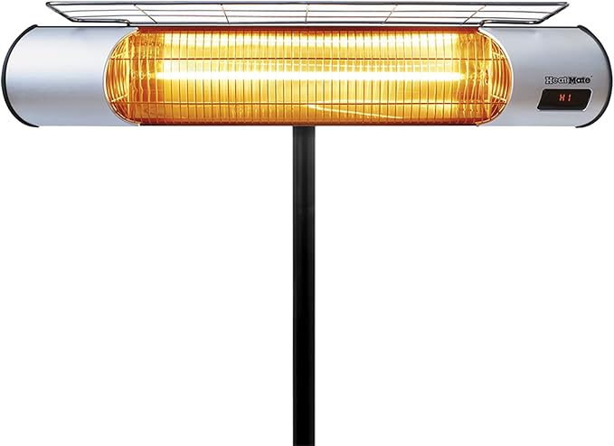Sengoku HeatMate Weatherproof Outdoor Graphite Heater with Tripod Stand and Remote Control for Decks, Patios, and Backyard Areas, Silver