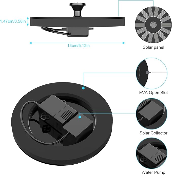 Solar Water Fountains,Solar Powered Bird Bath Fountain with 6 Nozzles - Free Standing Floating Solar Fountains for Bird Bath, Garden, Pond, Pool (Black-1W)