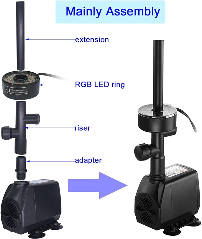 730GPH (2800L/H, 110V/55W) Submersible Pump Fountain with RGB Color Changing Ring Water Fountain Spray Nozzles Kit Multiple Water Patterns Decoration Garden Pond Landscape
