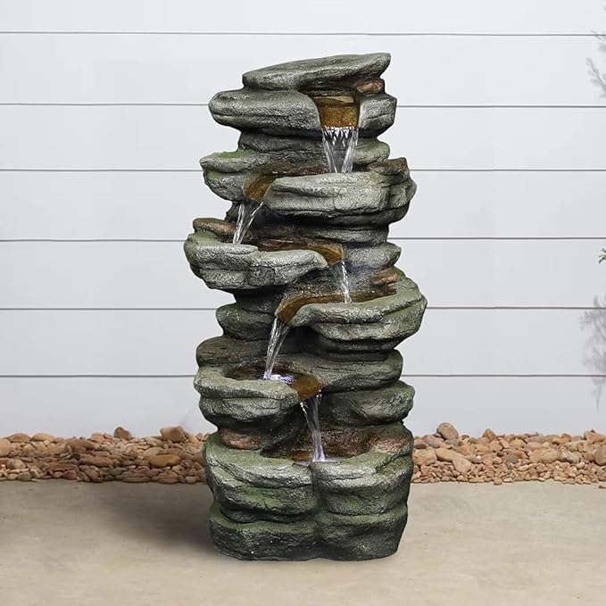 Naturefalls 30.7inches Outdoor Water Fountain - 6-Tiers Rock Waterfall Fountain with Led Lights for Home Garden Decor