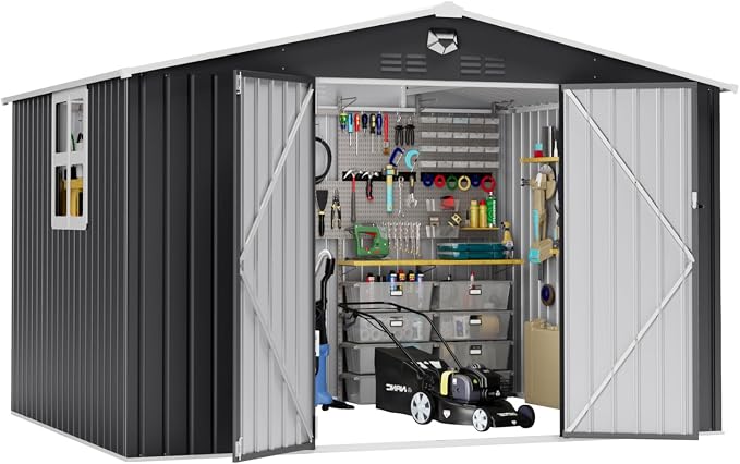 10x8 FT Outdoor Storage Shed, Metal Garden Shed - Tool Storage Sheds with Lockable Doors & 1 Clear Window, Waterproof Outside Storage Building for Backyard, Patio (Black; Floor Not Included) by SOFTKISS