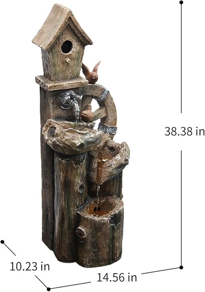 YZM 38.38" H Water Fountain Outdoor Garden 3-Tier Birdhouse Waterfall Fountain with Faucet Tree Trunk Indoor Floor Cascading Water Feature with LED Lights for Patio Yard Home Backyard Decor