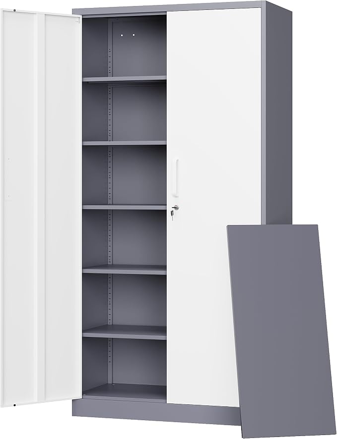 Letaya Metal Storage Cabinet with Lock Door and 5 Shelves,6 Tier Steel Garage Tool Cabinet for Home Office Utility Room 72" H X 36" W X18 D (White Gray) by LetayaMetalCabinets